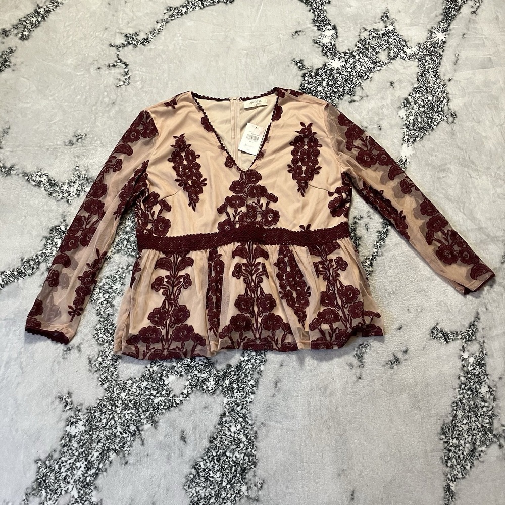 A Beautiful Soul Blouse Womens Size 18/20 Burgundy Nude Sandi Floral V Neck